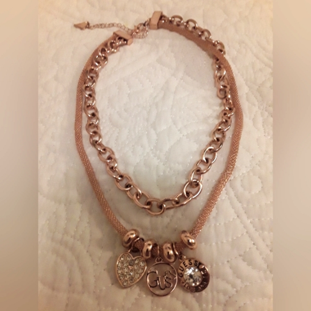 GUESS DOUBLE GOLD  NECKLACE WITH INTRICATE CHARM PENDANTS